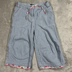 Mini Boden Blue White Striped Floral Trim Wide Leg 100% Cotton Girls Pants 3-4 Y